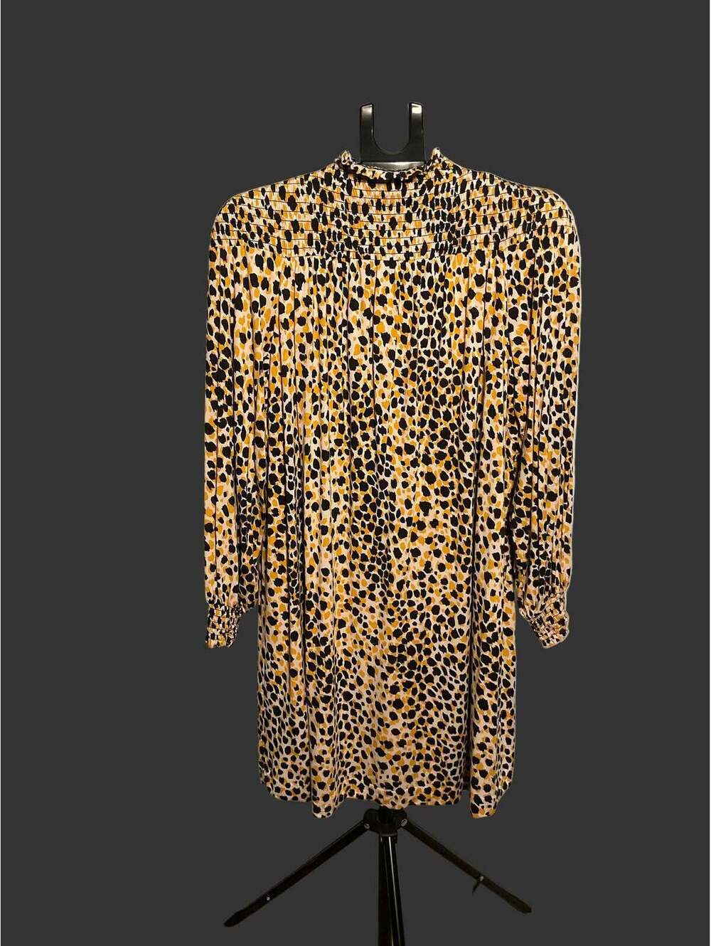 Ann Taylor Leopard Print Smocked Cuff Long Sleeve Dress Size M Tan Black